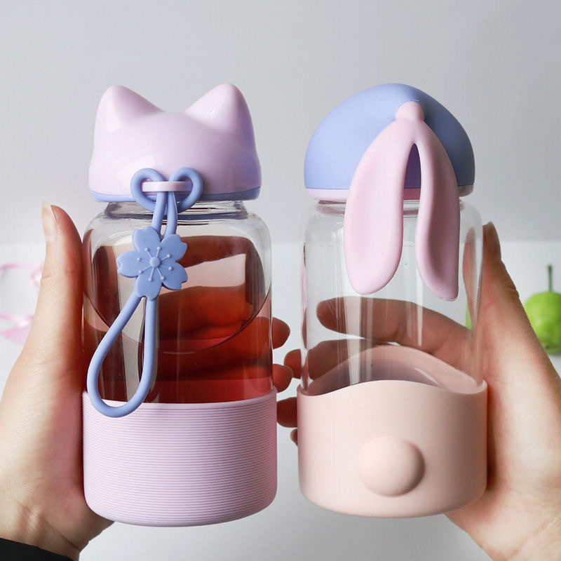 340ml fox rabbit ear cover glass student water cup Korean small capacity tea water bottle