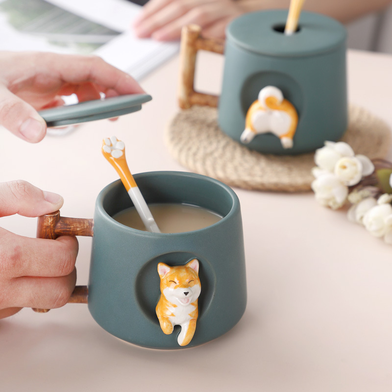 New 2022 Custom logo cute puppy dog Ceramic mug with cover spoon wood handle 3D animal Ceramic Coffee Cup mug with gift box