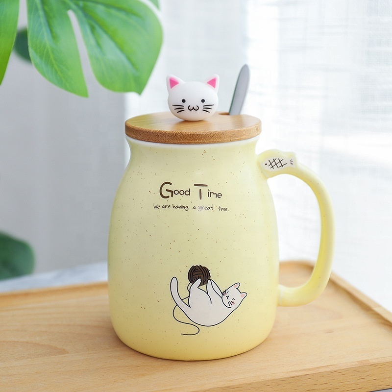 YIDING 3D Cute Ceramic Cat Coffee Mugs, Porcelain Coffee cat Mug with Lid Spoon wholesale