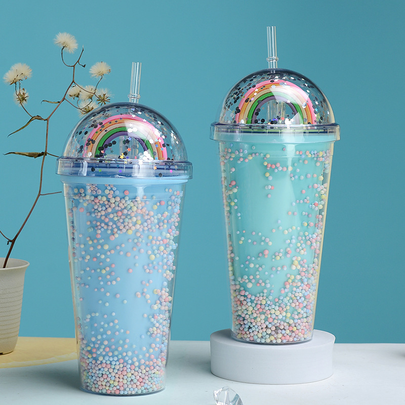 2022 New Creative Rainbow Bubble round lid glow in night plastic Water Cup eco acrylic double layer kids cute straw water cup