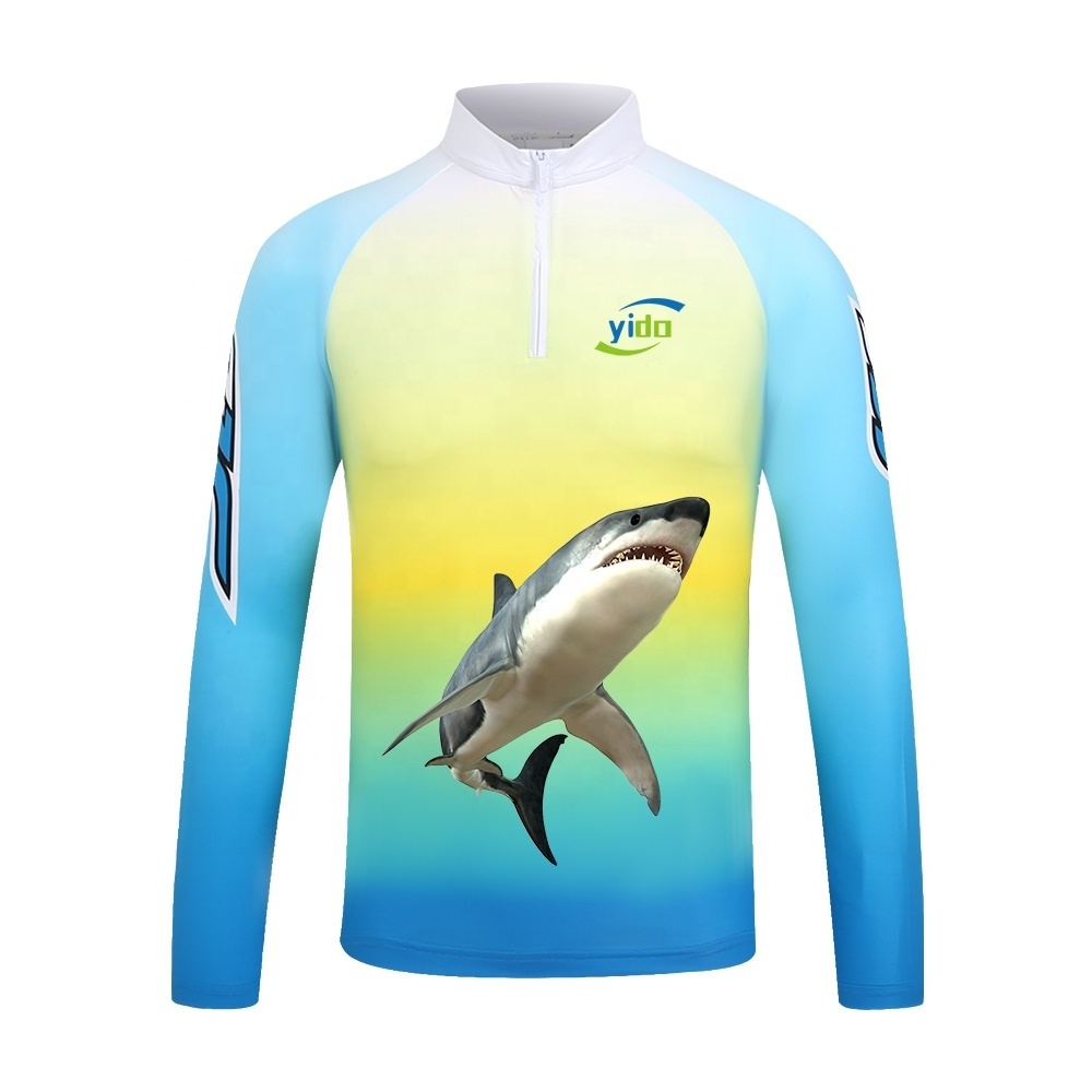 Shark printed fishing jersey zipper collar UPF 50 long sleeve blank fishing shirts outdoor