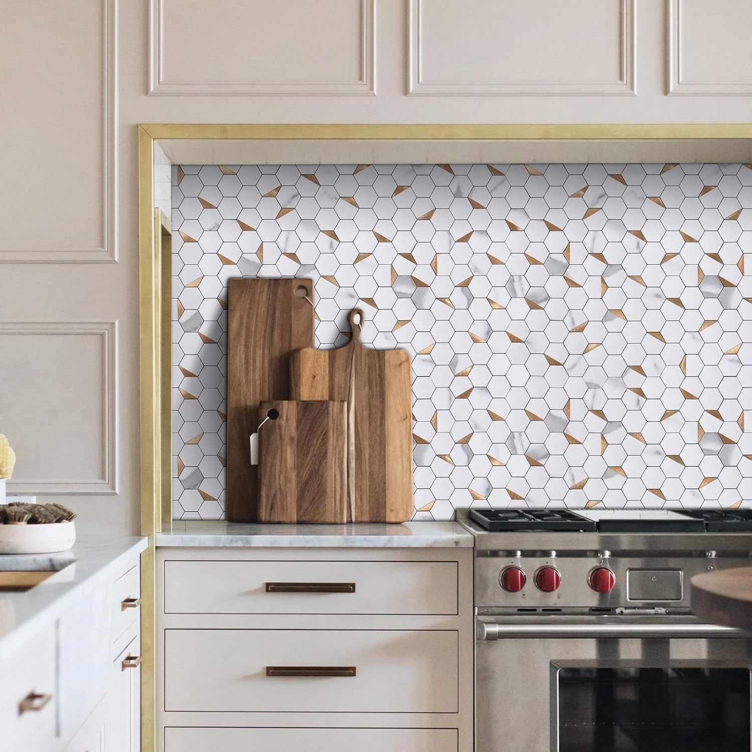 Peel and Stick Backsplash Tiles Hexagon Mosaic Wall Tiles PVC Mixed Metal Gold Panel