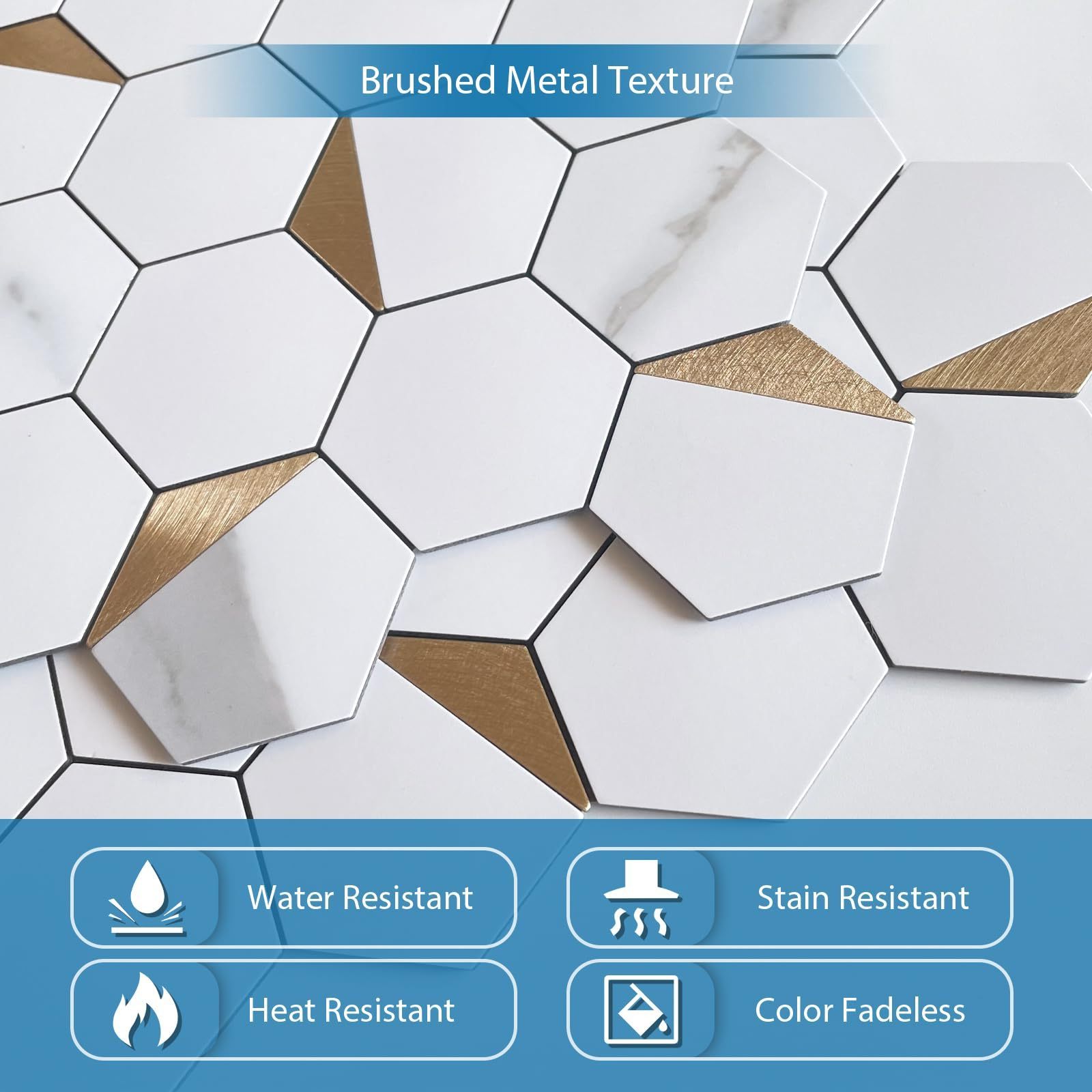 Peel and Stick Backsplash Tile, Stick on Backsplash, Hexagon Marble Look PVC Mixed Metal Gold Self Adhesive Metal Mosaic Tiles