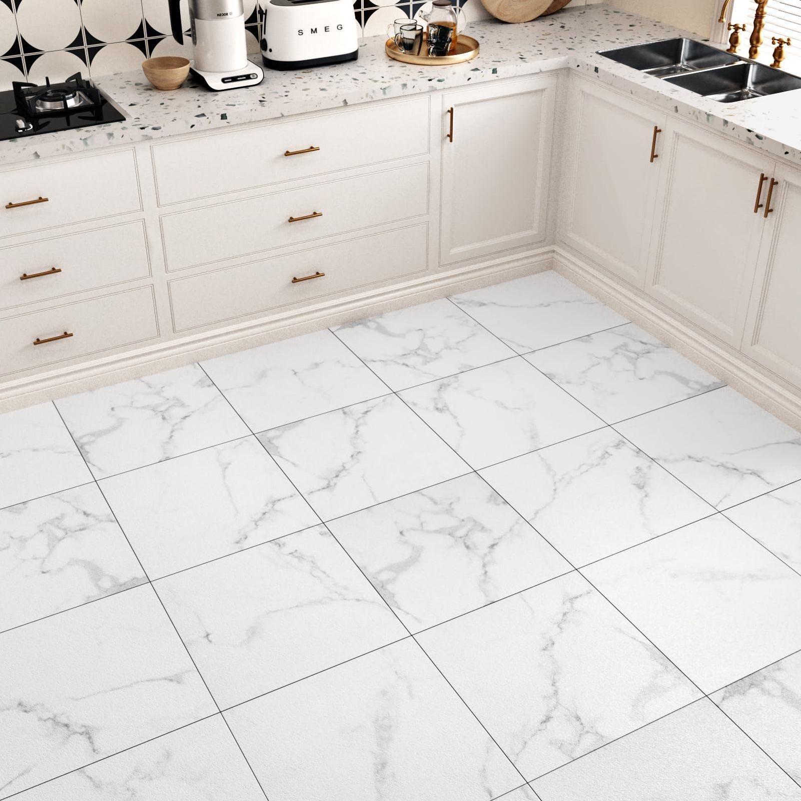 White Peel and Stick Floor Tile Marble 12X12 Inch Waterproof Vinyl Floor Stickers Tile for Kitchen Flooring Walls Bedroom