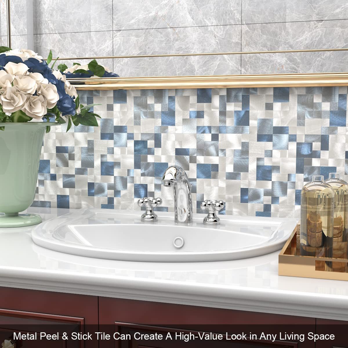 Mosaic Tile Peel and Stick Backsplash Tile for Kitchen, Metal Backsplash Bathroom Wall Tiles Self