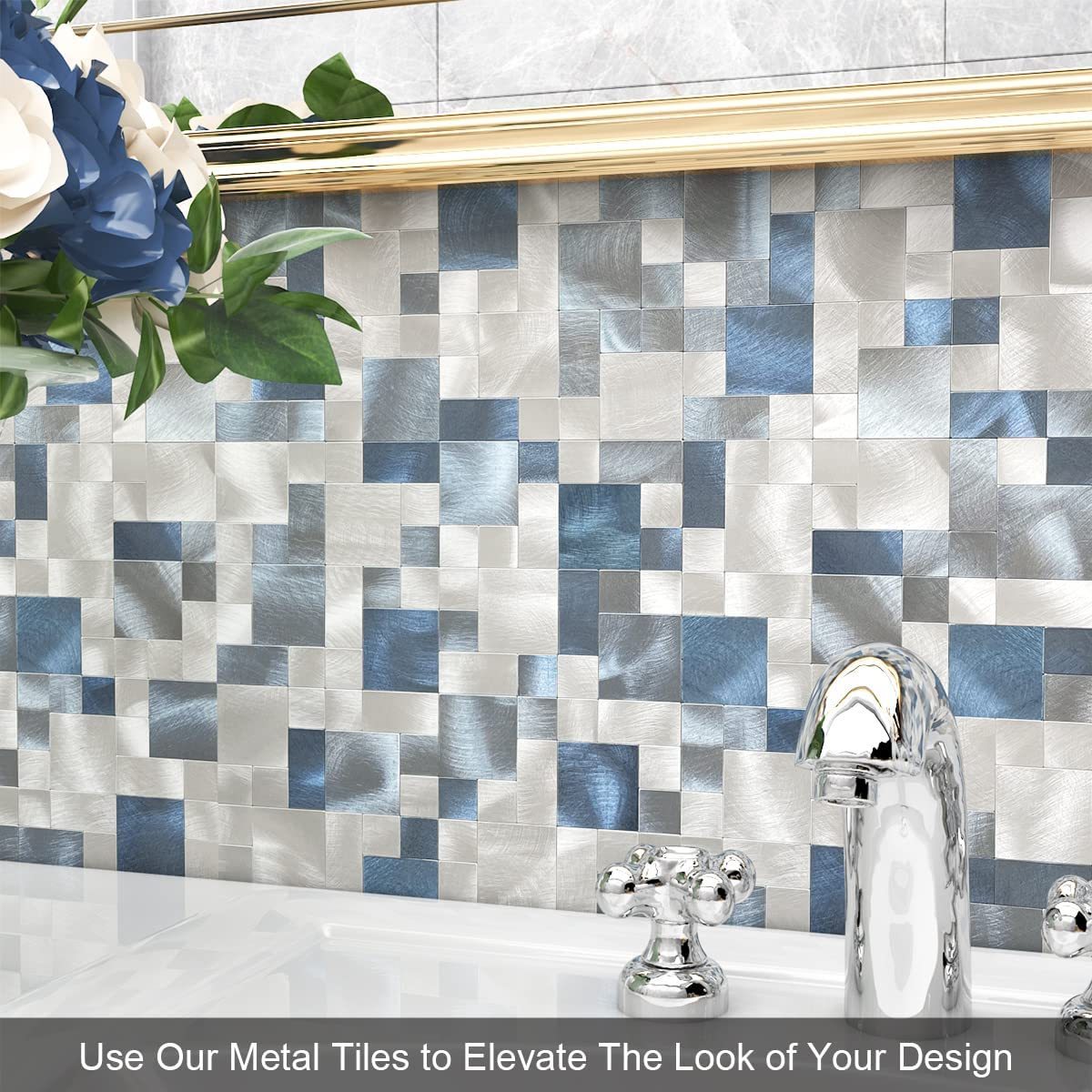 Mosaic Tile Peel and Stick Backsplash Tile for Kitchen, Metal Backsplash Bathroom Wall Tiles Self