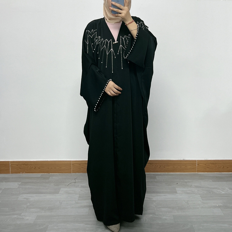 Wholesale Burqa Khaleeji Pearl Shiny Open Abaya Back Dress Front Open Abaya Wholesale Uk Dubai Black Abaya