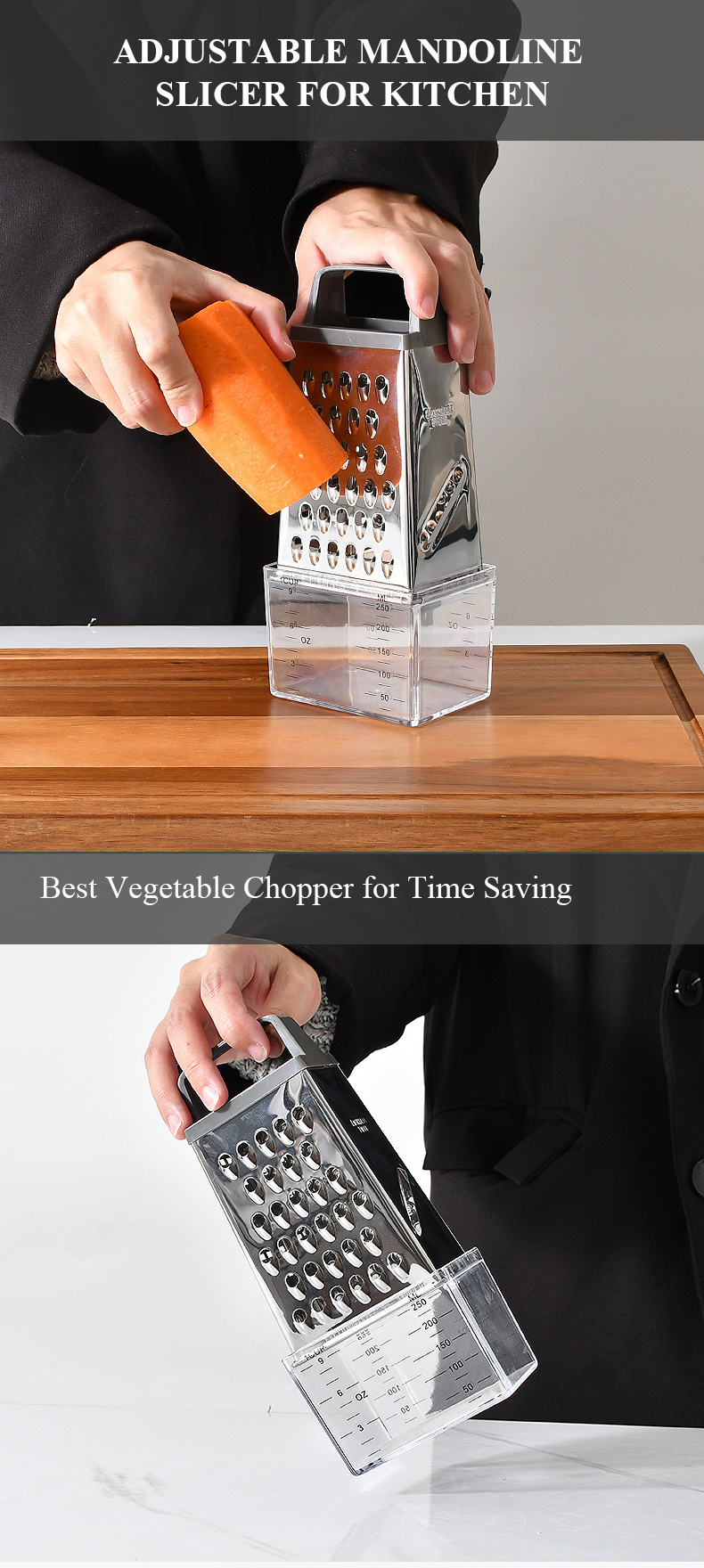 Hot Selling Multi-Functional Handle 4 Sides Vegetable Box Grater Stainless Steel Kitchen Cheese Grater With Measuring Cup