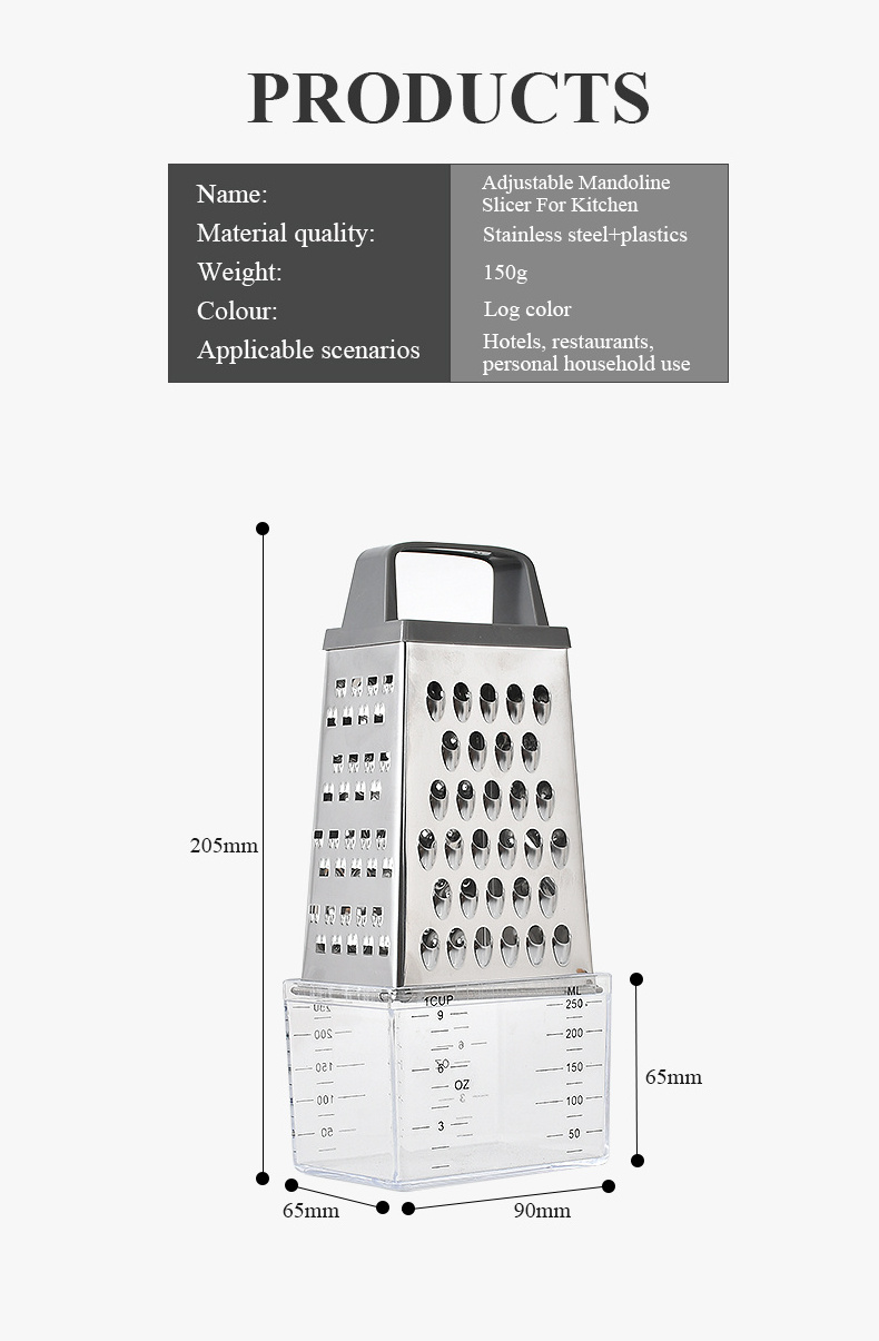 Hot Selling Multi-Functional Handle 4 Sides Vegetable Box Grater Stainless Steel Kitchen Cheese Grater With Measuring Cup