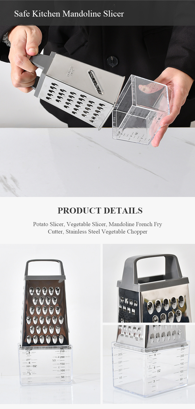 Hot Selling Multi-Functional Handle 4 Sides Vegetable Box Grater Stainless Steel Kitchen Cheese Grater With Measuring Cup