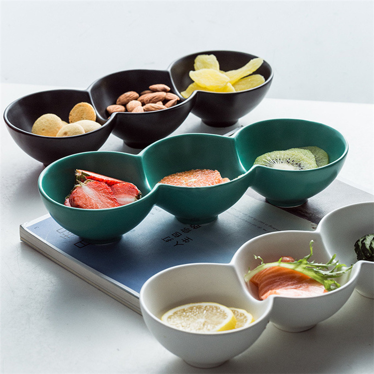 Multiple color unique design restaurant used 3 compartment ceramic tapas snack serving dishes