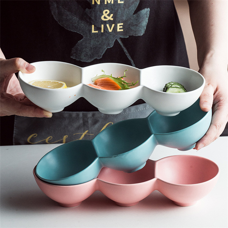 Multiple color unique design restaurant used 3 compartment ceramic tapas snack serving dishes