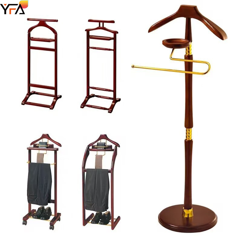 Solid Wood Floor Hanger Valet Rack Trouser Bar Tie Bar & Shoe Rack Mahogany Hotel Coat Rack for Hallway Entryway Bedroom