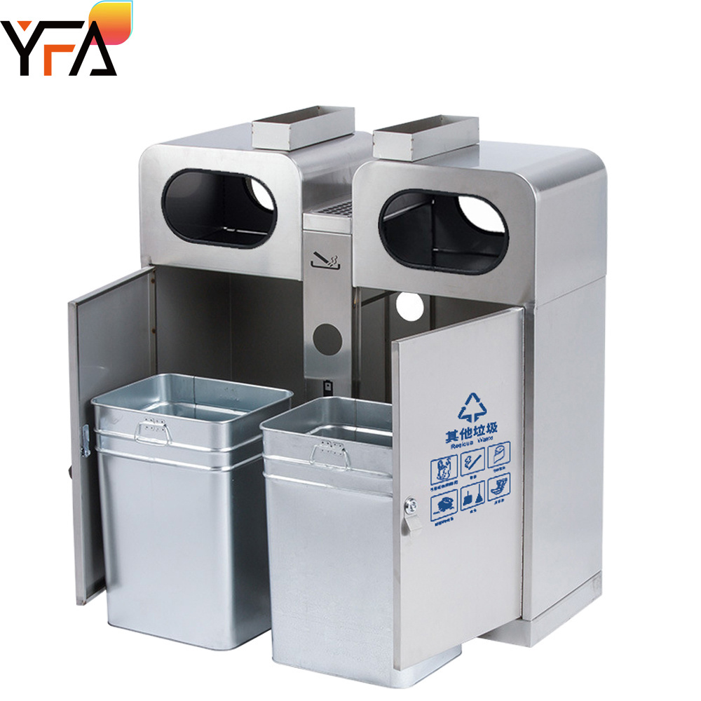 Thickened 2-Compartment Trash Can with Ashtray&Lock Outdoor 2-in-1 Garbage Metal Recycling Bin Park Street Mall Garbage Bin