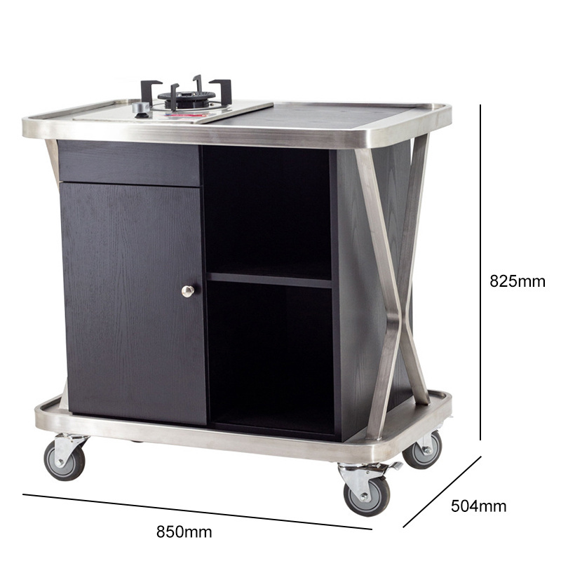 Hotel Restaurant kitchen Mobile Dining Cooking Cart Food Serving Flambe Trolley Stainless Steel Gas Stuck Furnace  Service Carts