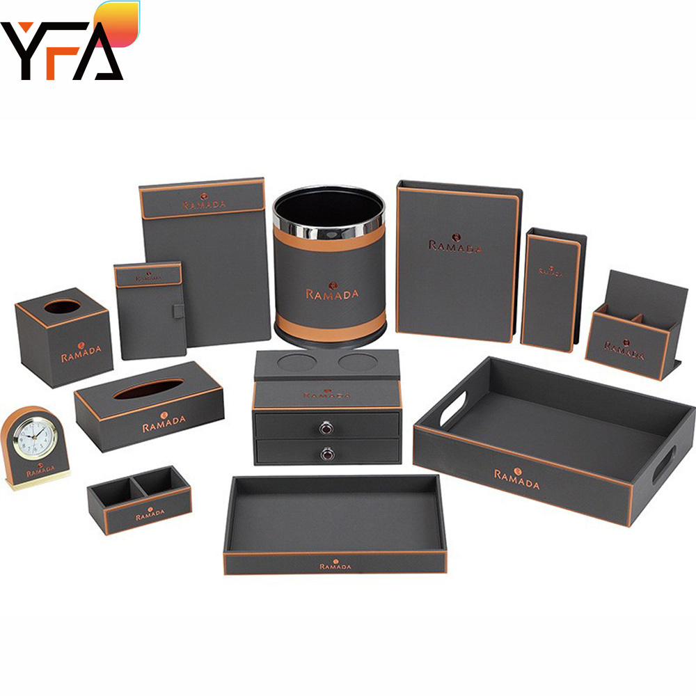 Hotel Guest Room PU Leather Accessories Ice Bucket Service Guide Amenities Tray Holder Set Custom Logo File Folders Ring Binders