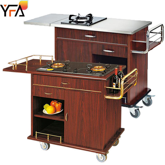 Luxury Red Double Gas Stove Flambe Trolley Cart Movable Wooden Restaurant Trolleys Commercial Hotel Equipment Cooking Trolley