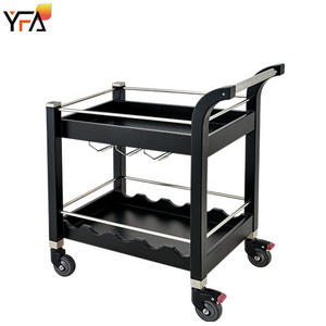 Luxury Metal 2 Tier Food Drinks Bar Cart For Hotel And Restaurant Black Hotel Trolley With Wine Rack Beverage Service