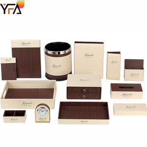 Good Quality Customizable Wood Grain Hotel Room Leather Accessories, Tissue Box, Tray, Trash Can, Alarm Clock, Note Pad