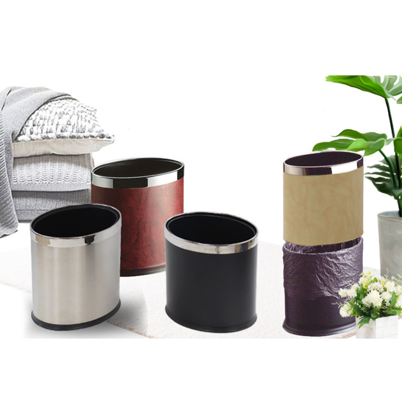 Metal Trash bin Without lid Iron Round Garbage Bin Indoor Waste Bin Leather Surface Trash Can