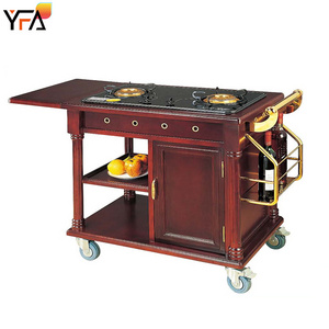 Luxury Red Double Gas Stove Flambe Trolley Cart Movable Wooden Restaurant Trolleys Commercial Hotel Equipment Cooking Trolley