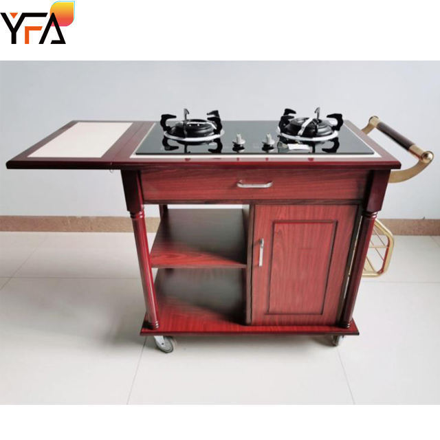 Luxury Red Double Gas Stove Flambe Trolley Cart Movable Wooden Restaurant Trolleys Commercial Hotel Equipment Cooking Trolley