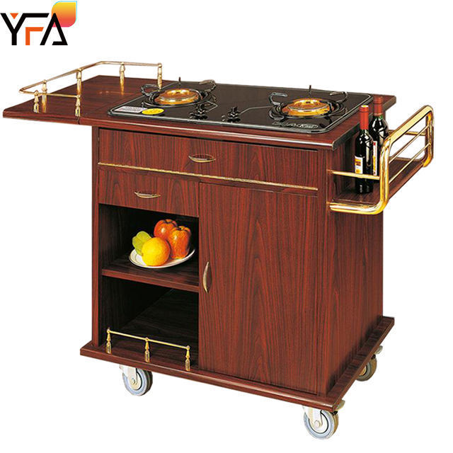 Luxury Red Double Gas Stove Flambe Trolley Cart Movable Wooden Restaurant Trolleys Commercial Hotel Equipment Cooking Trolley