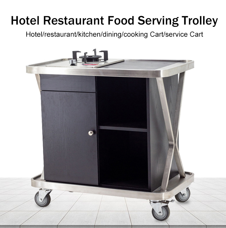 Hotel Restaurant kitchen Mobile Dining Cooking Cart Food Serving Flambe Trolley Stainless Steel Gas Stuck Furnace  Service Carts