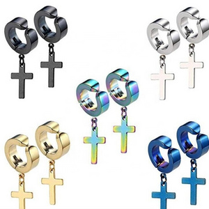 hot stainless steel ear clip cross earrings male cross titanium steel hoops no pierced ear clips