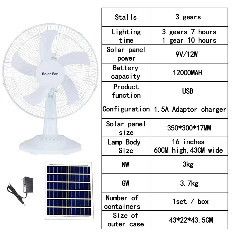 solar powered fan Rechargeable with Solar Panel Powered12/16 Inch table Fan Solar Floor Fan for indoor/outdoor