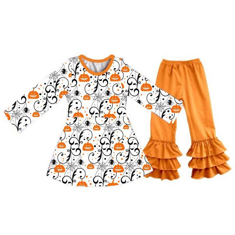 2023 Pattern Ruffle Girls Boutique Sport Outfit Smocked Children Clothing