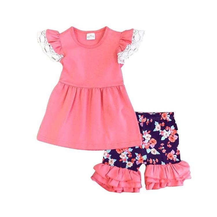 2023 Pattern Ruffle Girls Boutique Sport Outfit Smocked Children Clothing