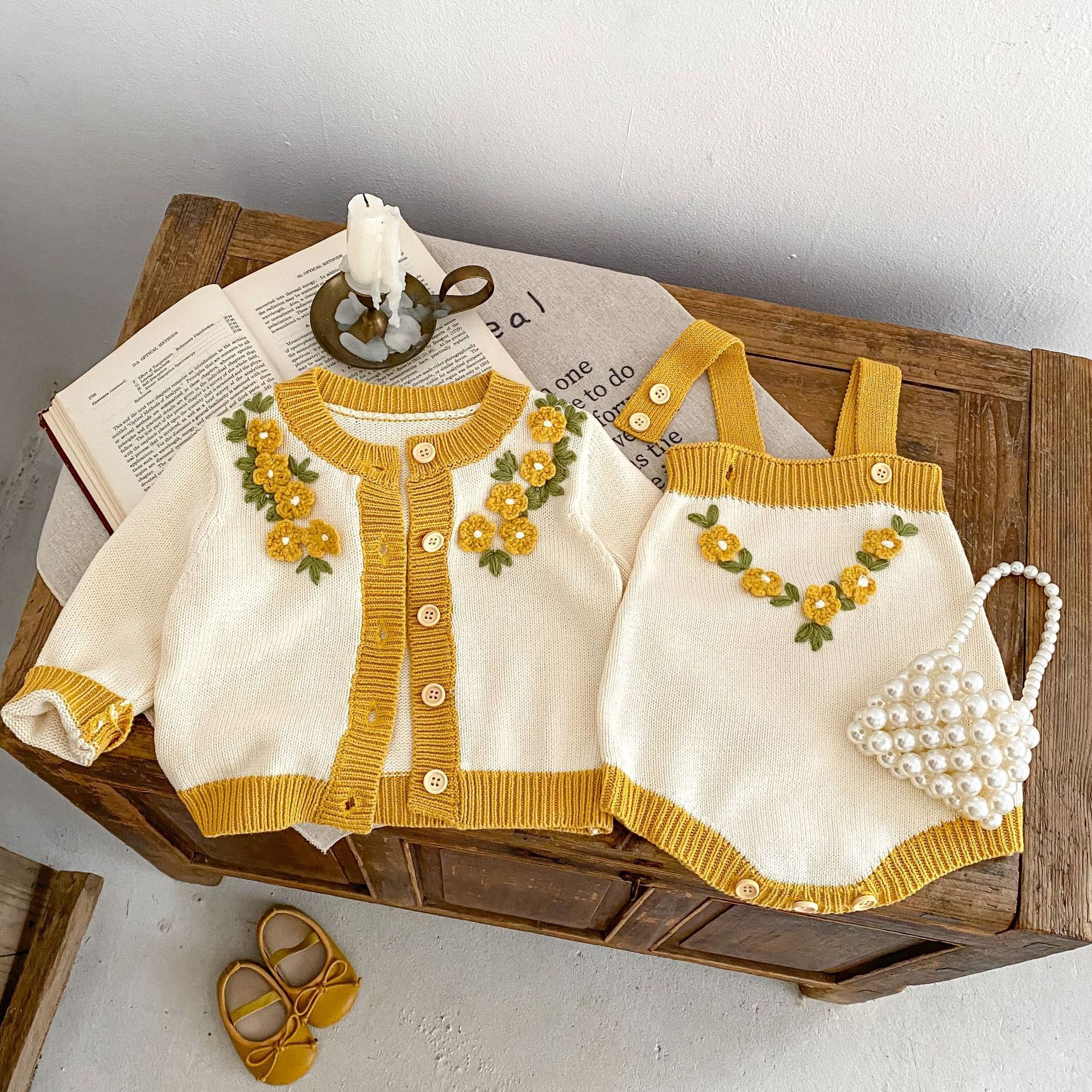 Baby Rompers Pajamas Clothes Crochet Knitted Coat Floral Suspenders Knitted Sweater 2 Pieces Onesie