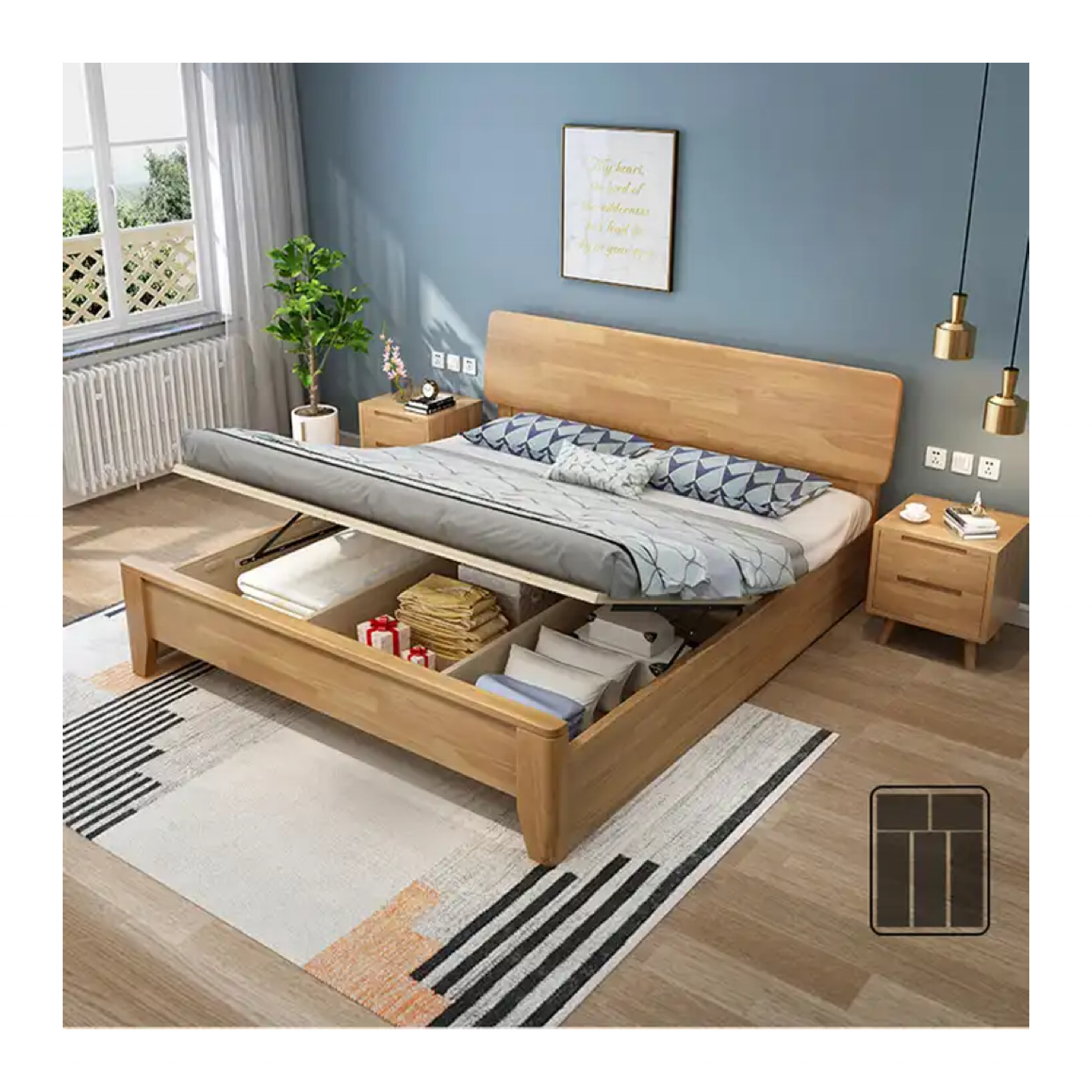 Nordic solid wood bed all solid wood Chinese style apartment log furniture small apartment home double bed master bedroom