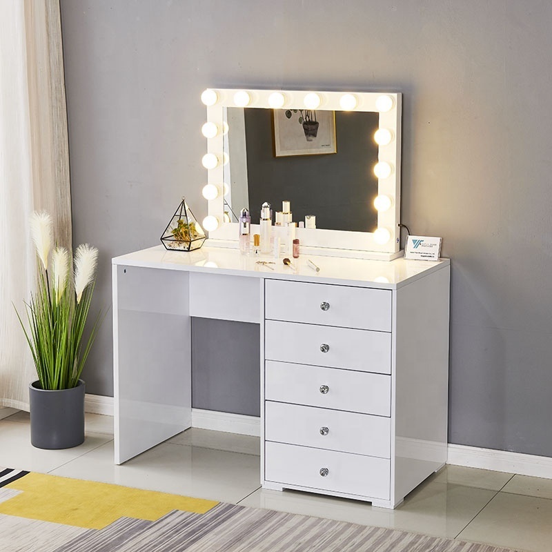 Nordic Glass TOP Vanity Table With Lighted Mirror 12 Dimmable Light Bulbs Makeup Table