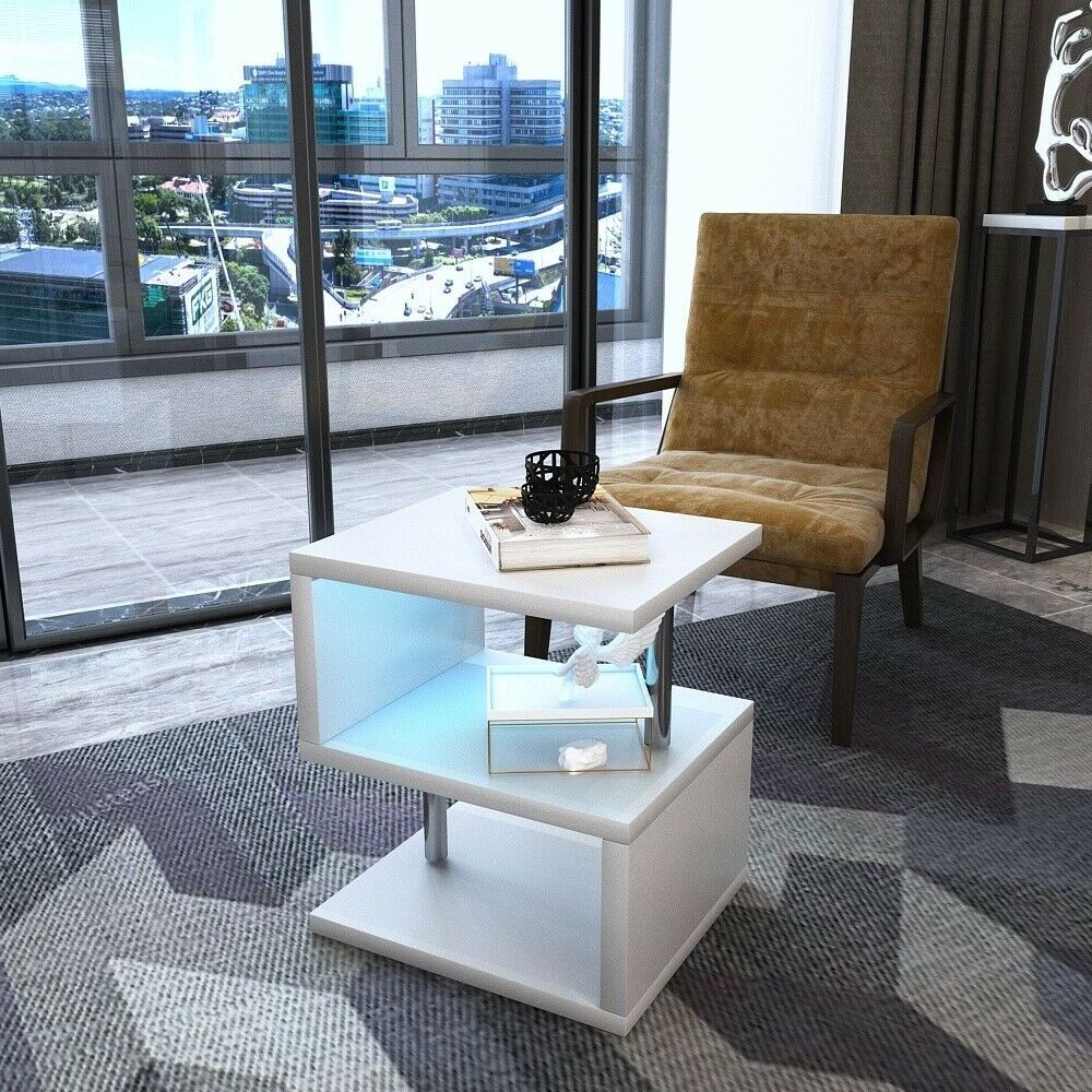 White Led light Side Table , High Gloss S Shape Sofa End Table, 2 Tier Storage Shelves Rectangle Table For Home Office Furniture