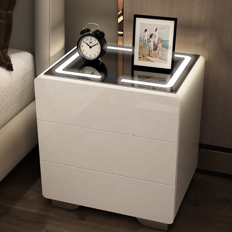 Modern Design Intelligent Multifunctional Nightstand With Led Light Fingerprint Lock Wooden Bedside Table Nightstand