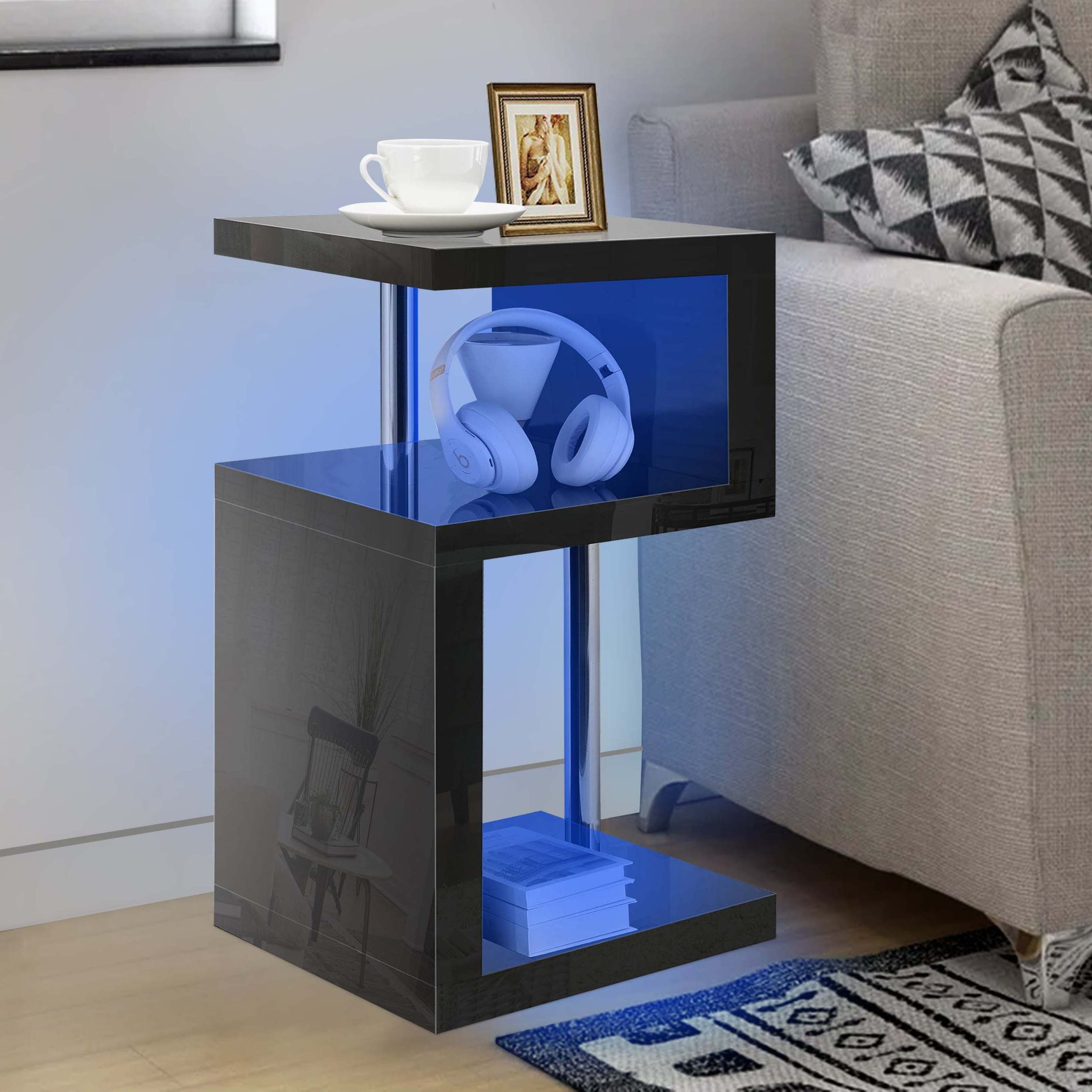 Led Side Table Small Coffee Table  High Gloss With Storage Shelves, S Shape  End Table With Led Lights