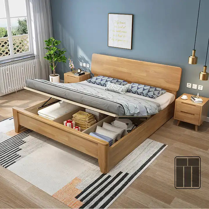 Nordic solid wood bed all solid wood Chinese style apartment log furniture small apartment home double bed master bedroom