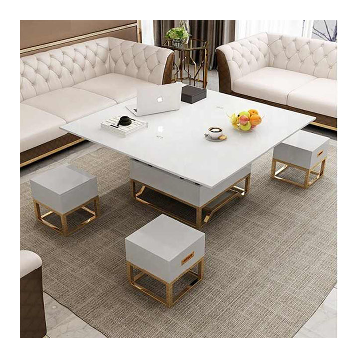 wholesale space saving stainless steel gold wood white tea table multifunctional lift top coffee table with storage