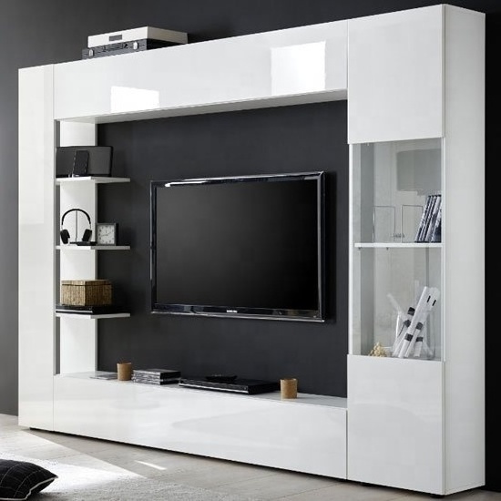 Modern Large Entertainment Unit In White High Gloss With Storage Shelves Wooden TV Cabinet