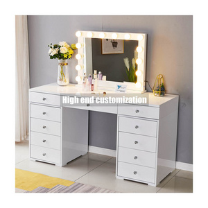 Nordic Glass TOP Vanity Table With Lighted Mirror 12 Dimmable Light Bulbs Makeup Table