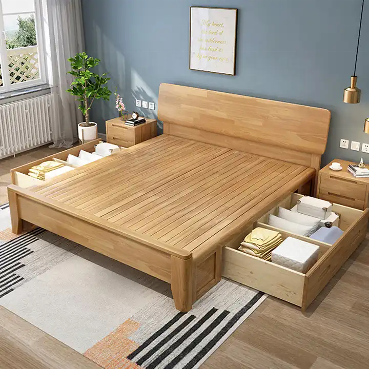 Nordic solid wood bed all solid wood Chinese style apartment log furniture small apartment home double bed master bedroom