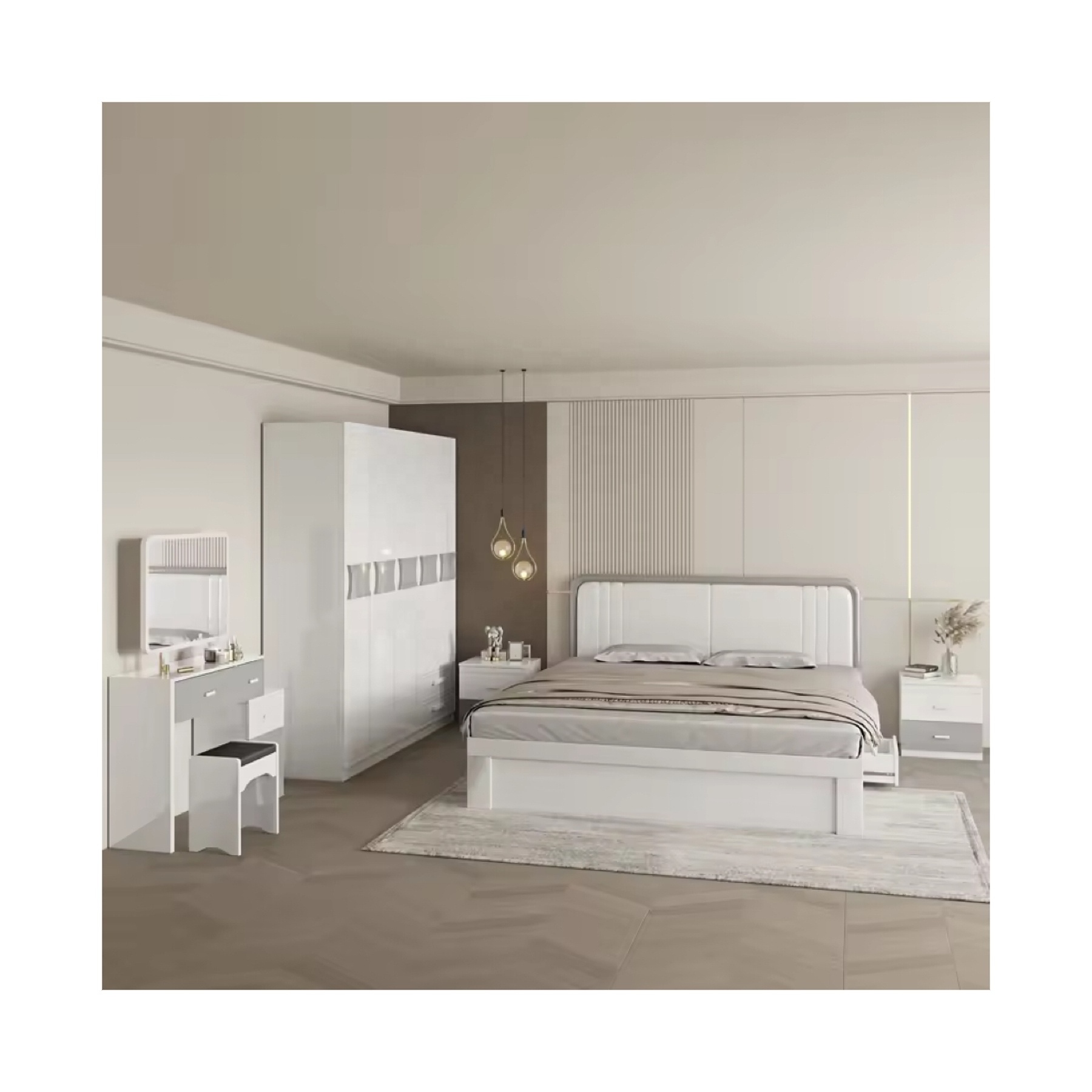 Wholesale Customized Modern Style Bedroom Furniture Set With Wardrobe Cabinet Wooden Bed King Size