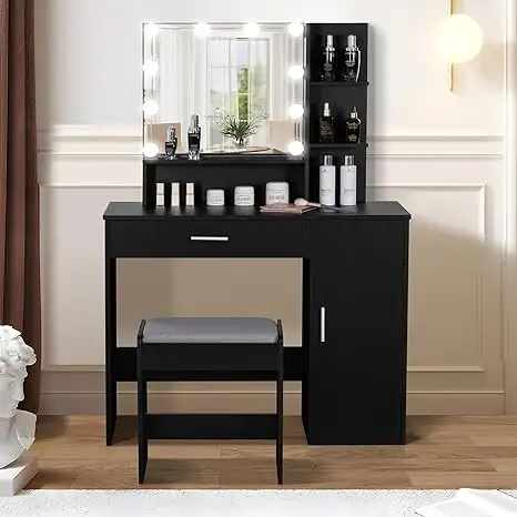 YIFAN Makeup Dresser with 3 Color Dimmable Lighting Mirror Large Dresser with Side Storage Shelves and Drawers Bedroom Dresser