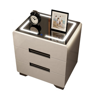 Modern Design Intelligent Multifunctional Nightstand With Led Light Fingerprint Lock Wooden Bedside Table Nightstand