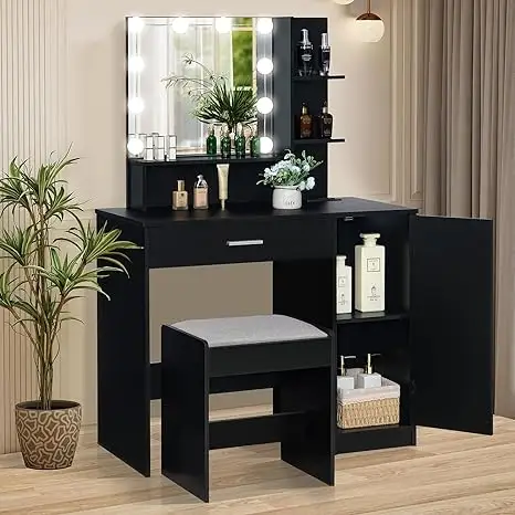 YIFAN Makeup Dresser with 3 Color Dimmable Lighting Mirror Large Dresser with Side Storage Shelves and Drawers Bedroom Dresser