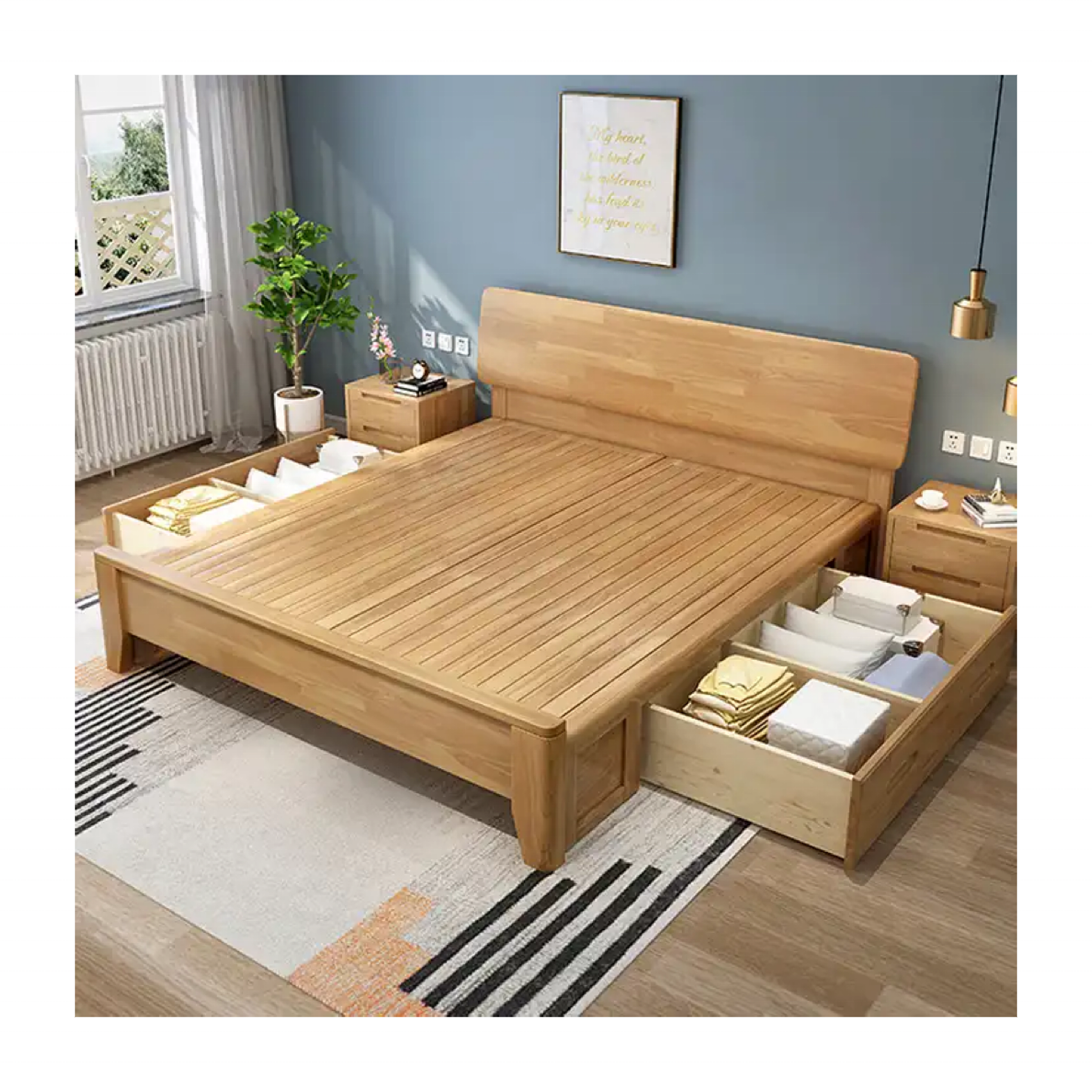 Nordic solid wood bed all solid wood Chinese style apartment log furniture small apartment home double bed master bedroom