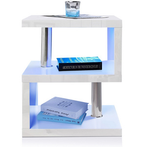 Modern Unique Nightstand White MDF S Shape Coffee Table With White LED Light Contemporary Living Room and Bedroom Furniture