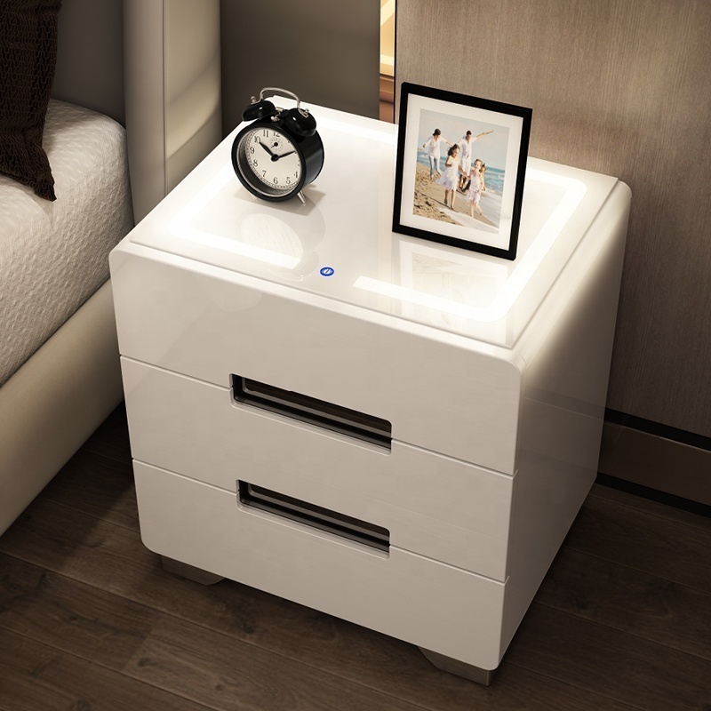 Modern Design Intelligent Multifunctional Nightstand With Led Light Fingerprint Lock Wooden Bedside Table Nightstand